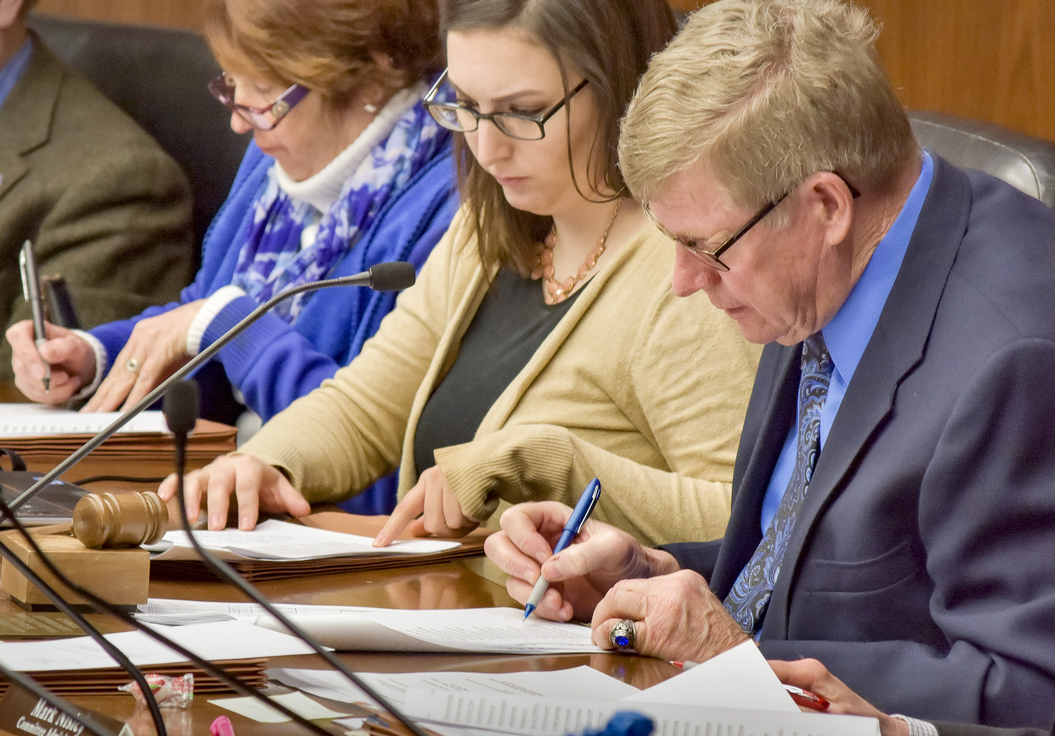 House Agriculture Finance Committee Chairman Paul Anderson and members of the committee follow along as the omnibus agriculture finance bill is presented March 22. Photo by Andrew VonBank